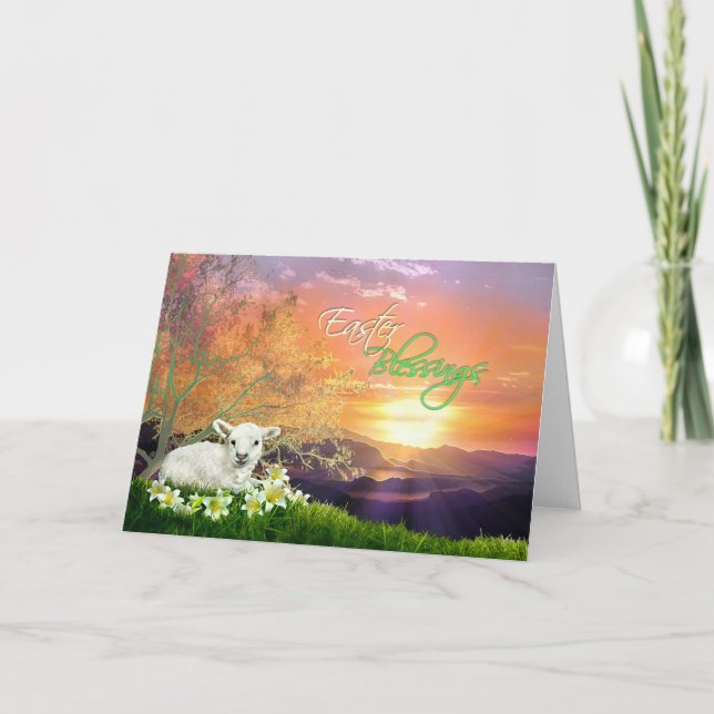 Easter Lamb and Sunrise with Easter Lilies Holiday Card (Front)