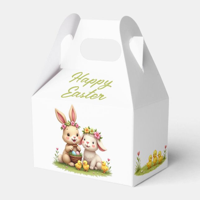 Easter Lamb & Bunny | Chicks & Spring Flowers Cute Favour Box (Front Side)