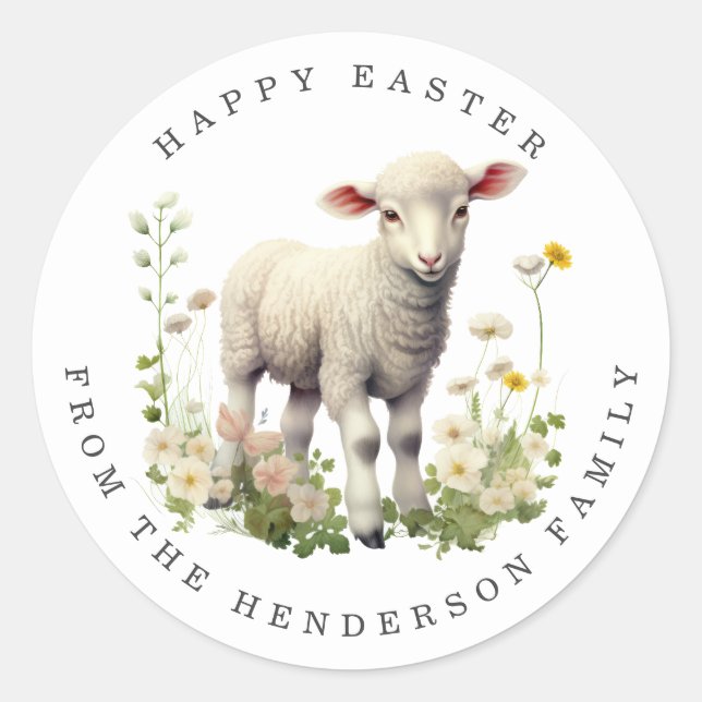 Easter Lamb Personalised Name Round Stickers (Front)