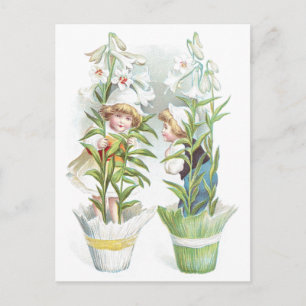 Easter Lilies and Children Vintage Holiday Postcard