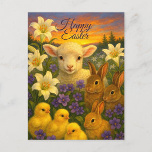 Easter Lilies, Baby Lamb, Bunnies & Chicks Holiday Postcard