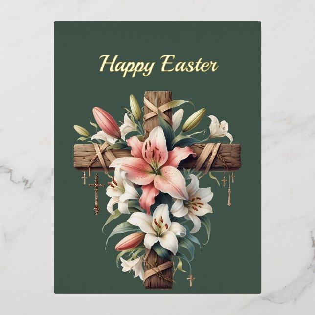 Easter Lily Cross Illustration Foil Holiday Postcard (Front)