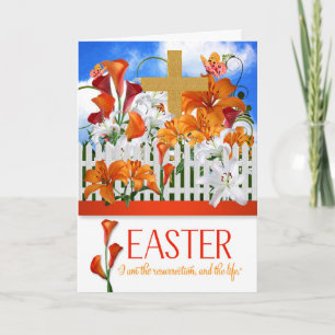 Easter Lily Garden with Gold Cross Scripture Holiday Card