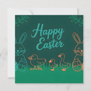 Easter Line Illustration with Bunnies and Chicks Holiday Card