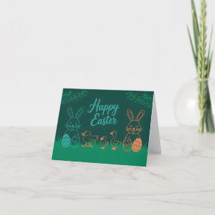 Easter Line Illustration with Bunnies and Chicks Holiday Card