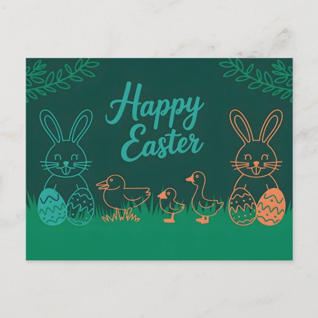 Easter Line Illustration with Bunnies and Chicks Postcard (Front)