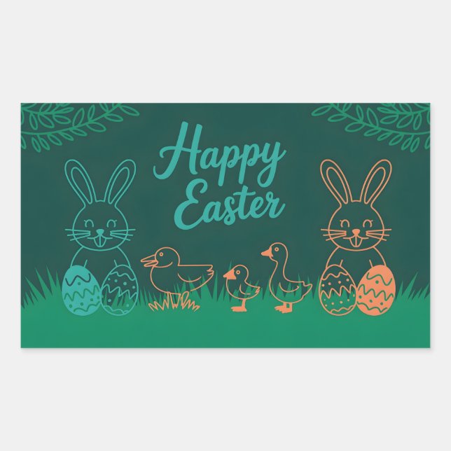 Easter Line Illustration with Bunnies and Chicks Rectangular Sticker (Front)