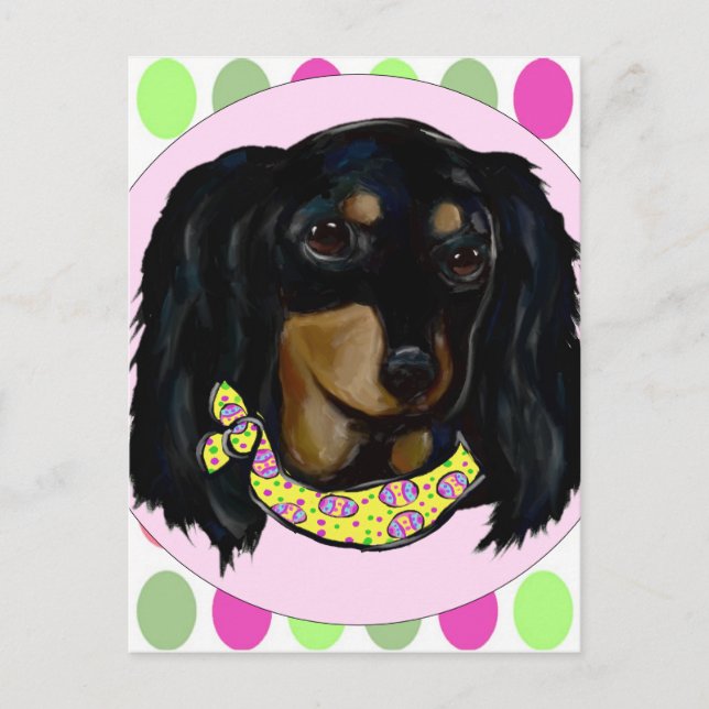Easter Long Haired Black Dachshund Holiday Postcard (Front)