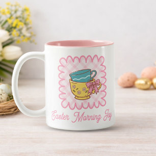 Easter Morning Joy Teacups Cute Gingham Two-Tone Coffee Mug