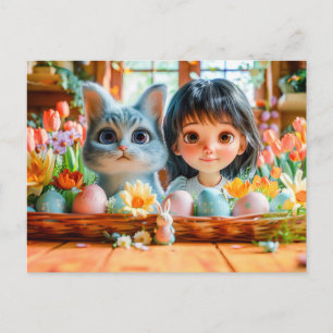 Easter Morning with Tulips and Cat Holiday Postcard
