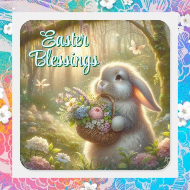 Easter Morning Woodland Bunny With Basket Square Sticker (Creator Uploaded)