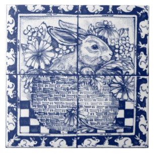 Easter Navy Blue White Bunny Rabbit Dedham Delft Tile