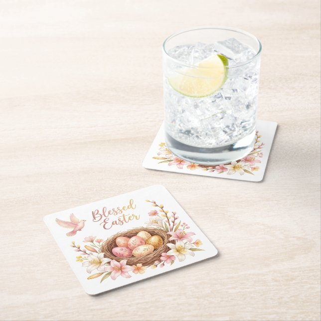 Easter Nest with Eggs Square Paper Coaster (Insitu)