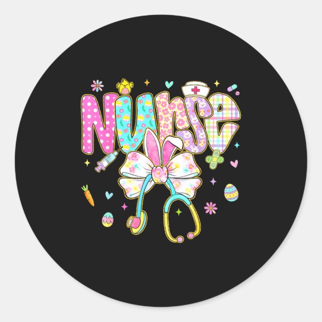 Easter Nurse Coquette Bow Stethoscope Bunny Scrub  Classic Round Sticker (Front)