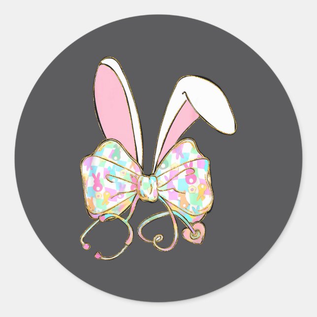 Easter nurse coquette bow stethoscope bunny scrub classic round sticker (Front)