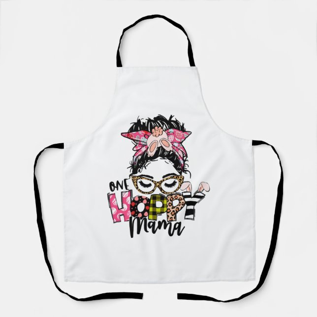 Easter One Hoppy Mama Messy Bun Mum Bunny Leopard Apron (Front)