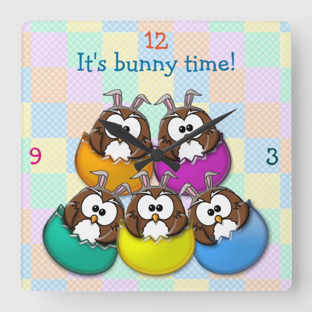 Easter owl - rainbow square wall clock (Front)