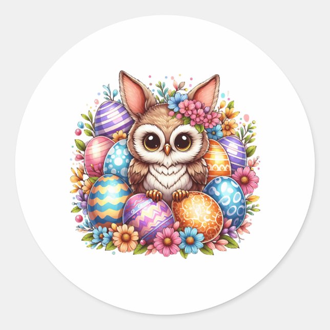 Easter owl with bunny ears  classic round sticker (Front)