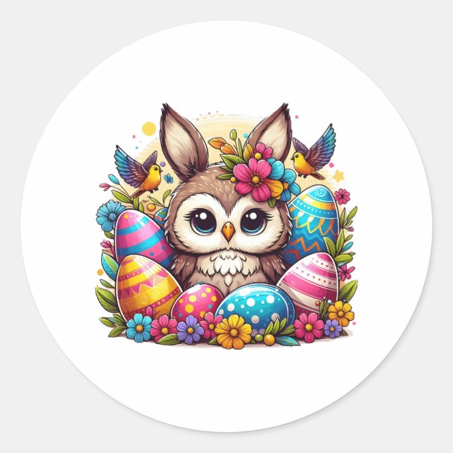 Easter owl with bunny ears classic round sticker (Front)