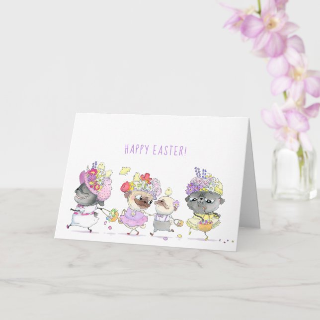 Easter Parade cute pug Easter card (Orchid)