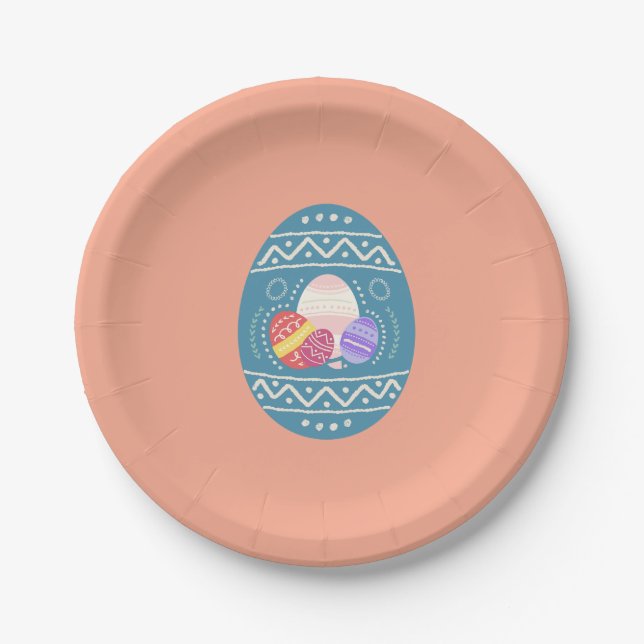 Easter party plate with turquoise egg on orange (Front)