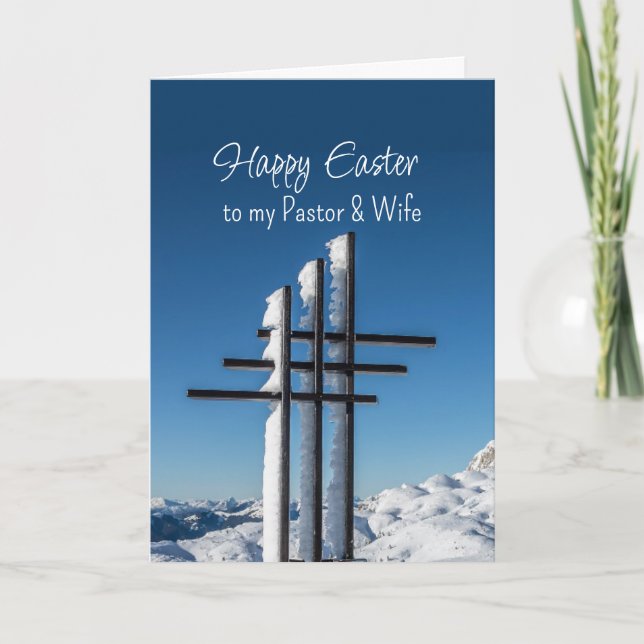 Easter Pastor Wife Crosses on Snow Covered Hill Holiday Card (Front)