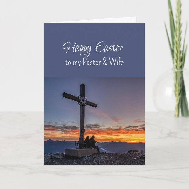 Easter Pastor Wife Crosses Sunset on Hill Mountain Holiday Card (Front)