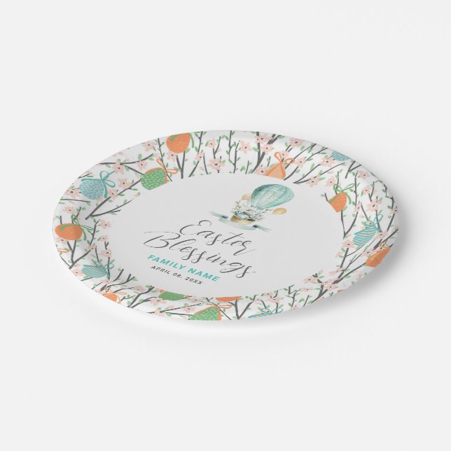 Easter pattern, bunny in a balloon, custom text paper plate (Angled)