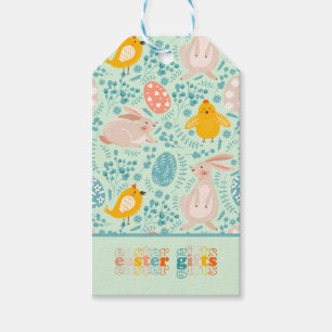 Easter pattern with eggs, bunny, chick, flowers  gift tags