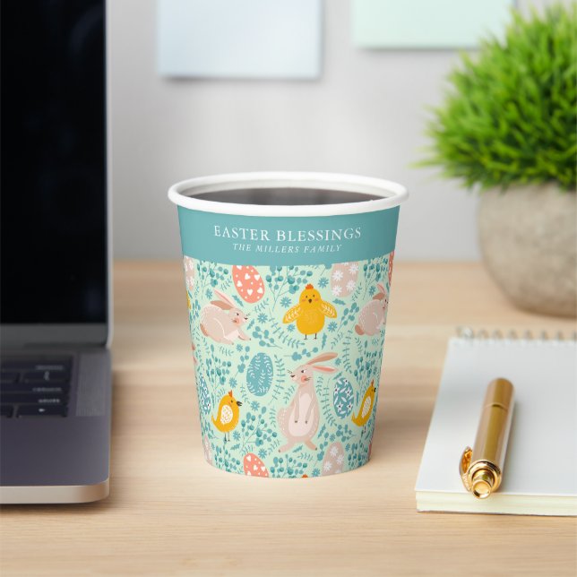 Easter pattern with eggs, bunny, chick, flowers  paper cups (Insitu)