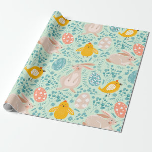 Easter pattern with eggs, bunny, chick, flowers  wrapping paper