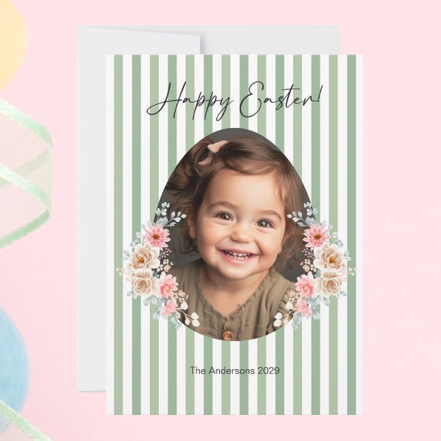 Easter Photo Card with Striped Green Background (Easter Photo Card with Striped Green Background)