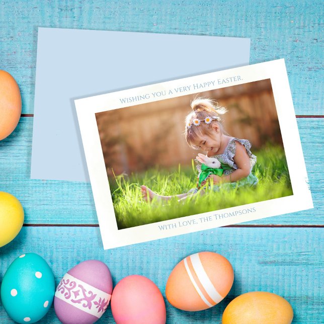 Easter Photo Simple Minimalist Blue Holiday Card (Simple Happy Easter photo card with a pastel blue background on the back. )