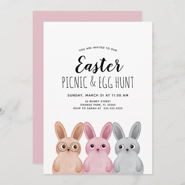 Easter Picnic and Egg Hunt party with baby bunnies Invitation (Front/Back)