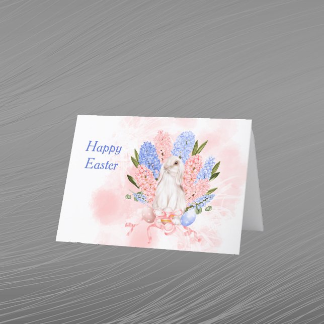 Easter Pink Blue Rabbits Floral Eggs Holiday Card (Creator Uploaded)