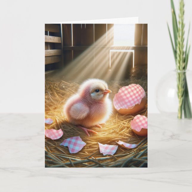 Easter Pink Chick With Gingham Eggshell Holiday Card (Front)