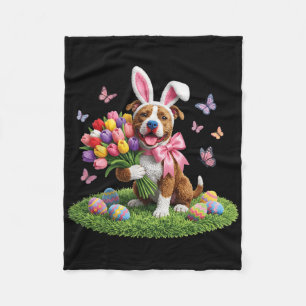 Easter Pitbull Dog Mum Spring Easter Bunny Tulips Fleece Blanket