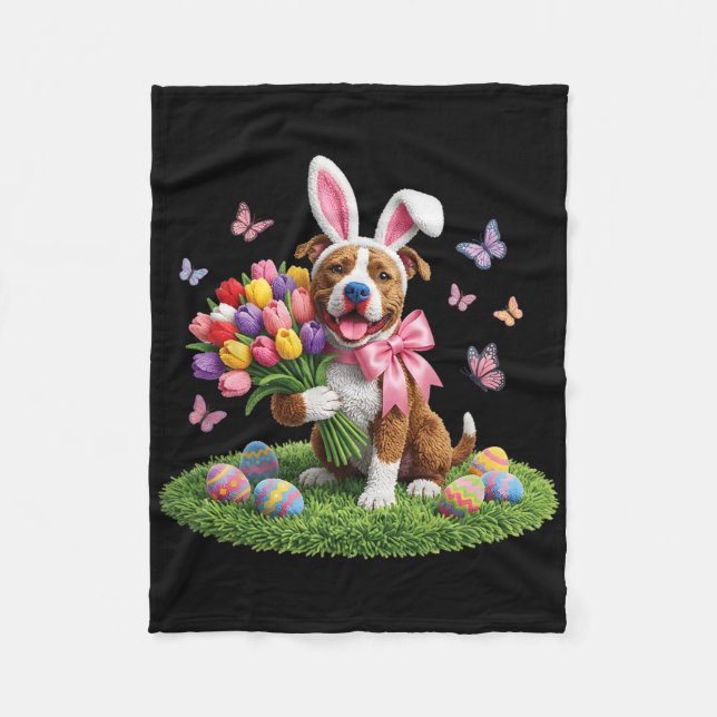 Easter Pitbull Dog Mum Spring Easter Bunny Tulips  Fleece Blanket (Front)