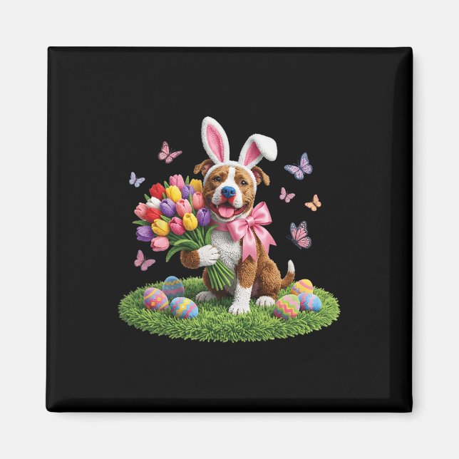 Easter Pitbull Dog Mum Spring Easter Bunny Tulips  Magnet (Front)