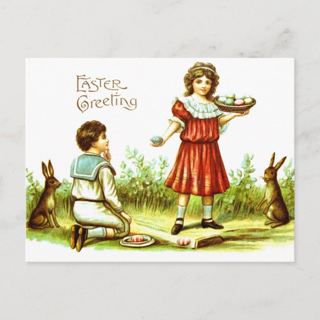 Easter PostCard Victorian Children Bunnies Eggs (Front)