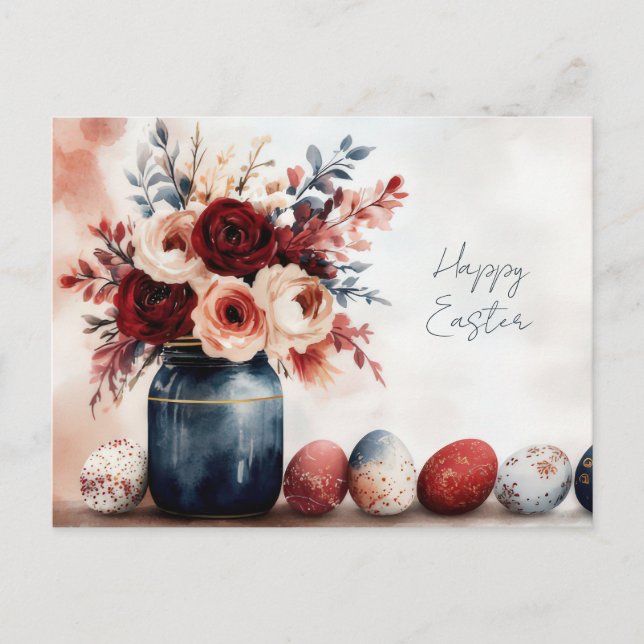 Easter Postcard with Easter Eggs and Flowers (Front)