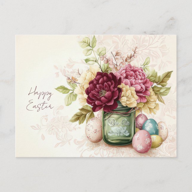 Easter Postcard with Easter Eggs and Flowers (Front)