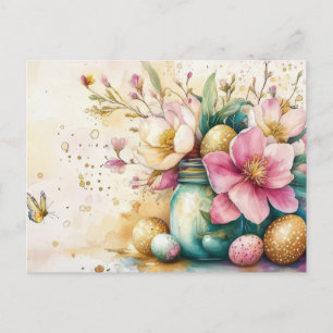 Easter Postcard with Easter Eggs and Flowers
