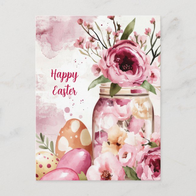 Easter Postcard with Easter Eggs and Flowers (Front)