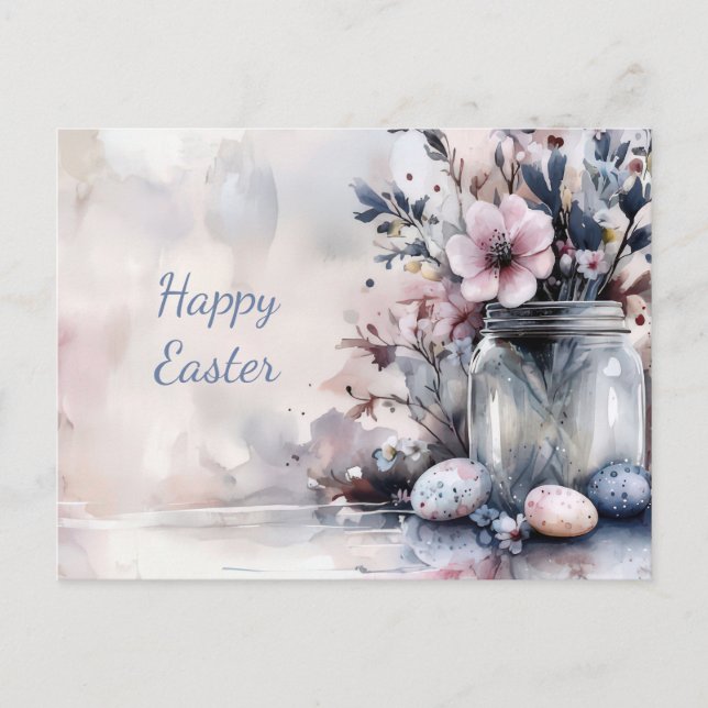 Easter Postcard with Easter Eggs and Flowers (Front)