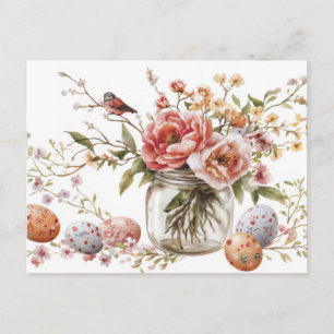 Easter Postcard with Easter Eggs and Flowers