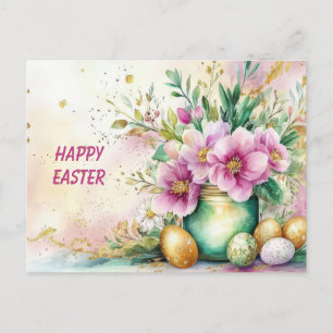 Easter Postcard with Easter Eggs and Flowers
