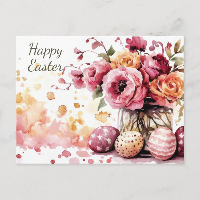 Easter Postcard with Easter Eggs and Flowers (Front)