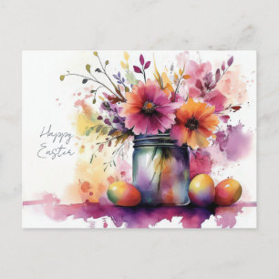 Easter Postcard with Easter Eggs and Flowers