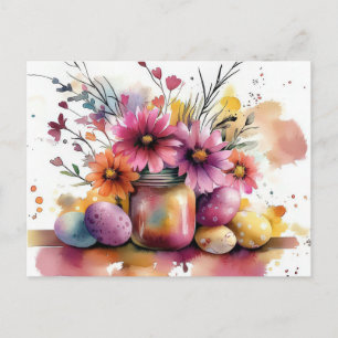 Easter Postcard with Easter Eggs and Flowers